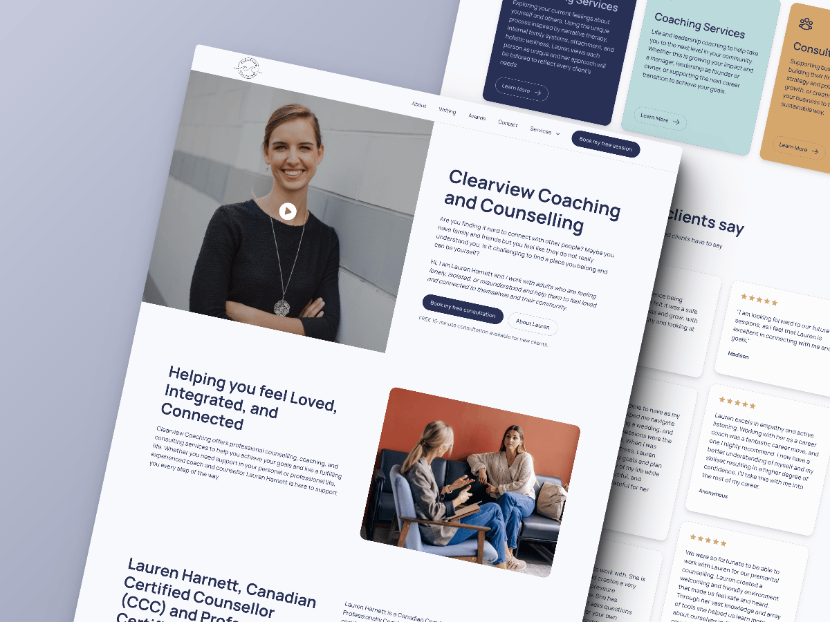 Clearview Coaching on a desktop mockup, till right