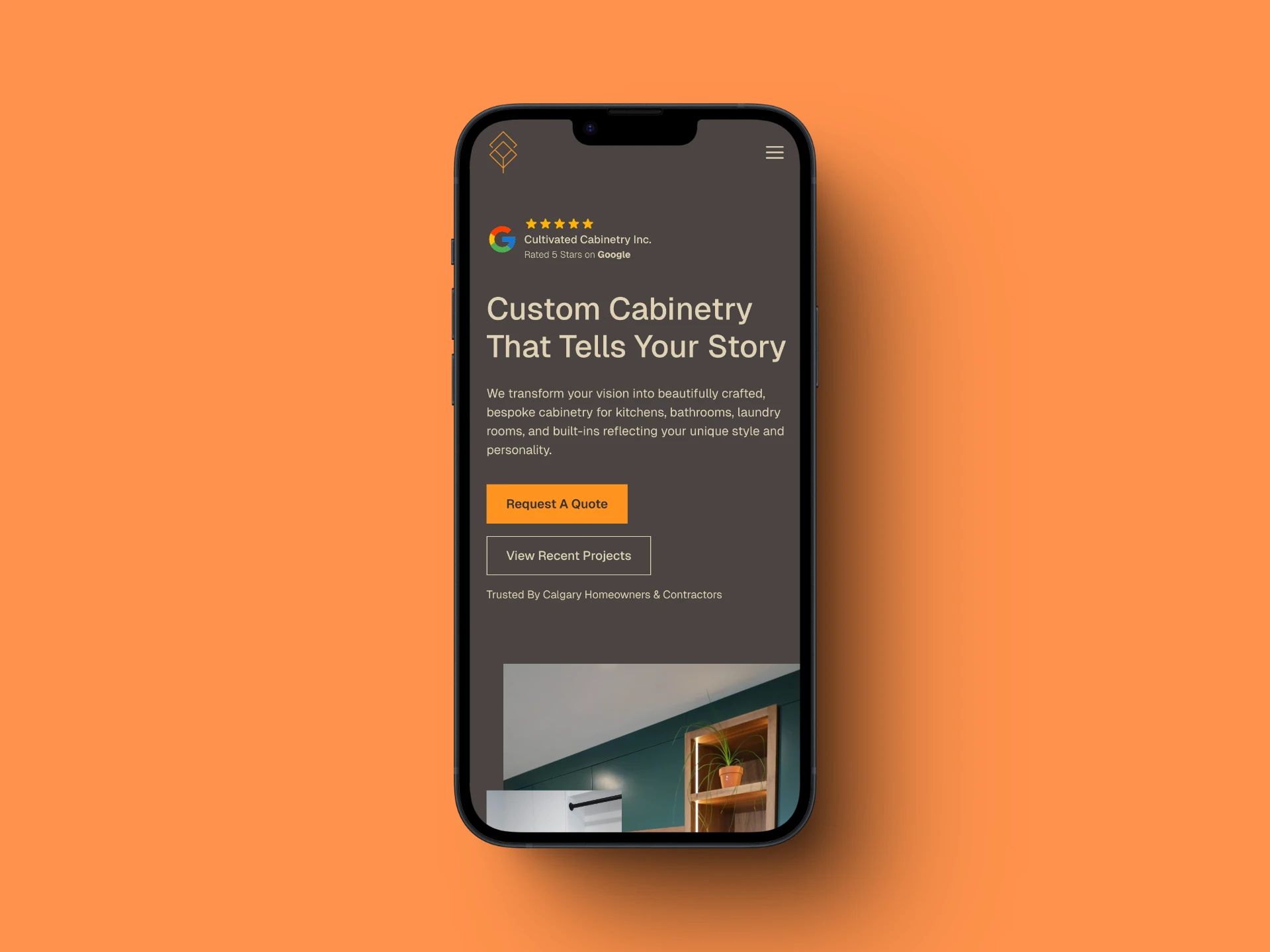 Cultivated Cabinetry on a mobile mockup 