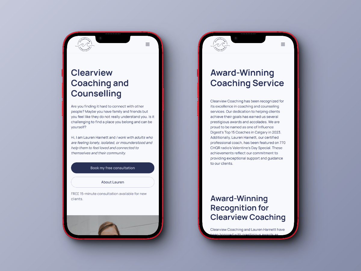 Clearview Coaching on an iPhone mockup, two placed side by side