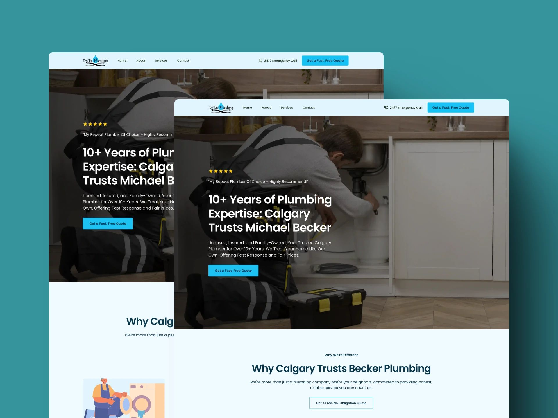 Becker Plumbing on a desktop mockup, two stacked on top of each other