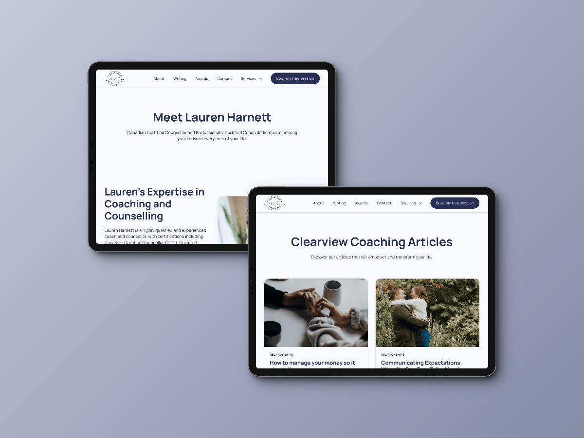 Clearview Coaching on an iPad mockup, two stacked on top of each other