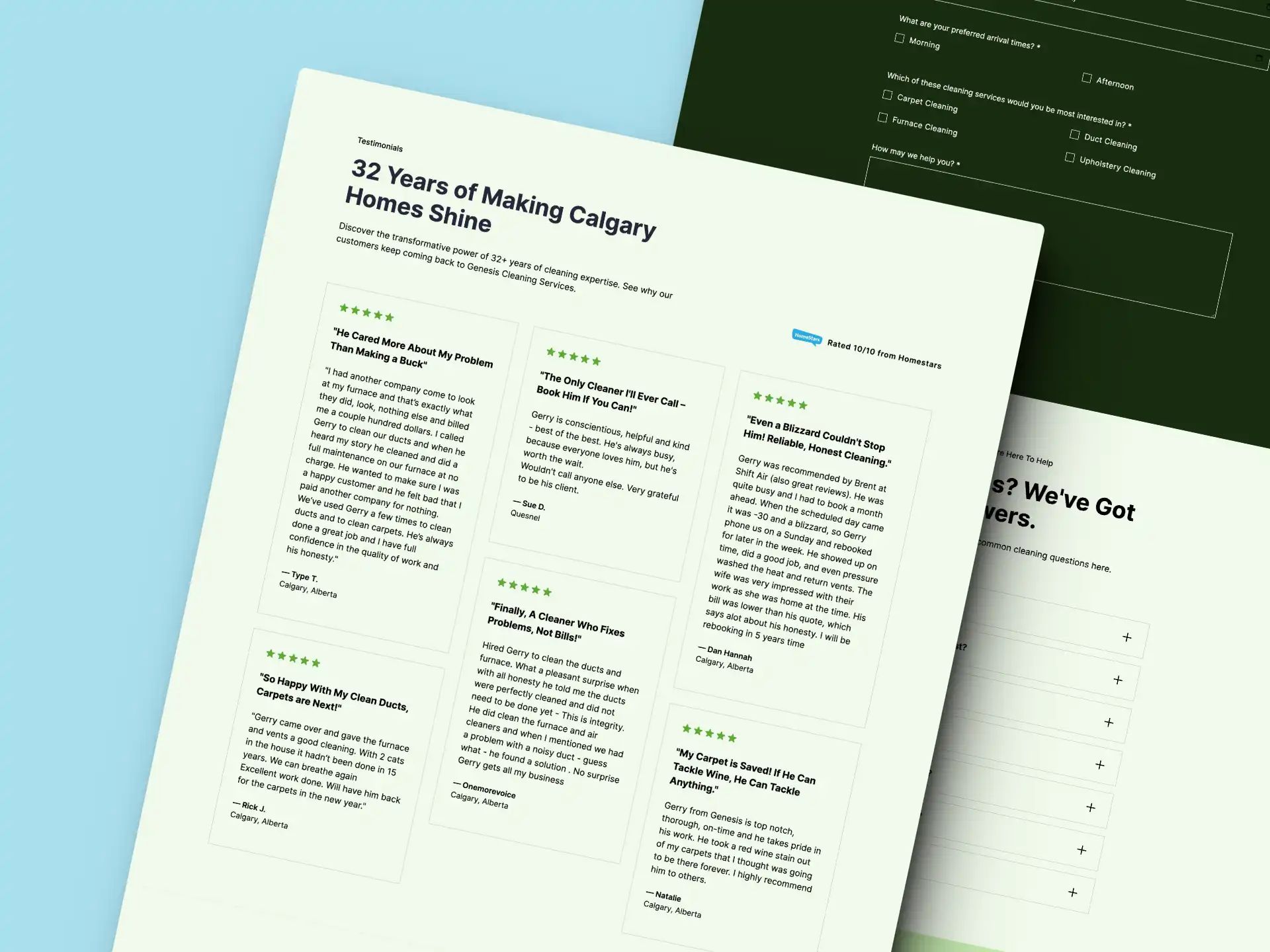 Genesis Cleaning Services on a desktop mockup, till right showing testimonial section