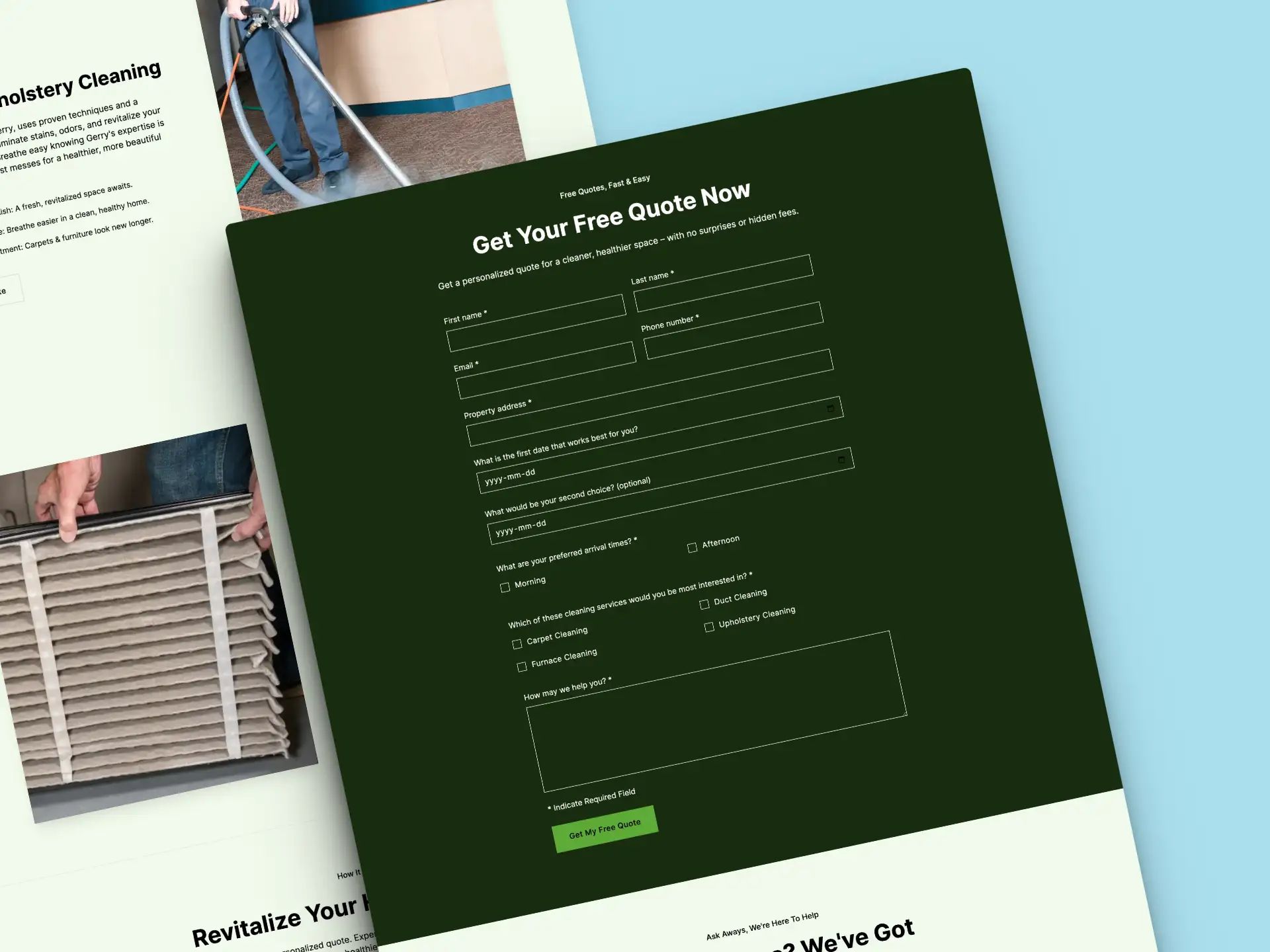 Genesis Cleaning Services on a desktop mockup, showing 'get free quote' section